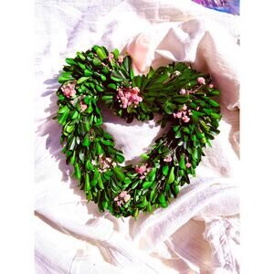 Heart Shaped Greenery Wreath with Pink Ribbon, Boxwood Leaf Door Hanging